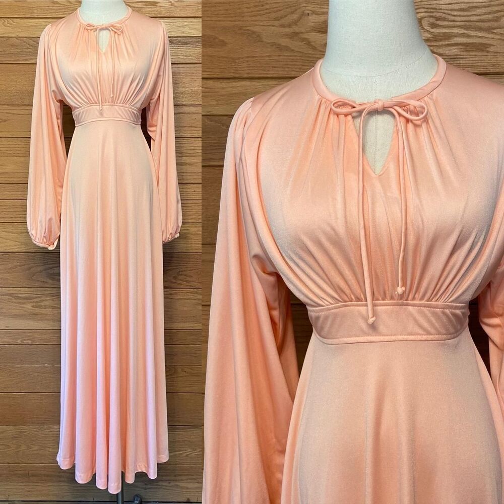 Vintage 70s peach pink long sleeve boho maxi dress